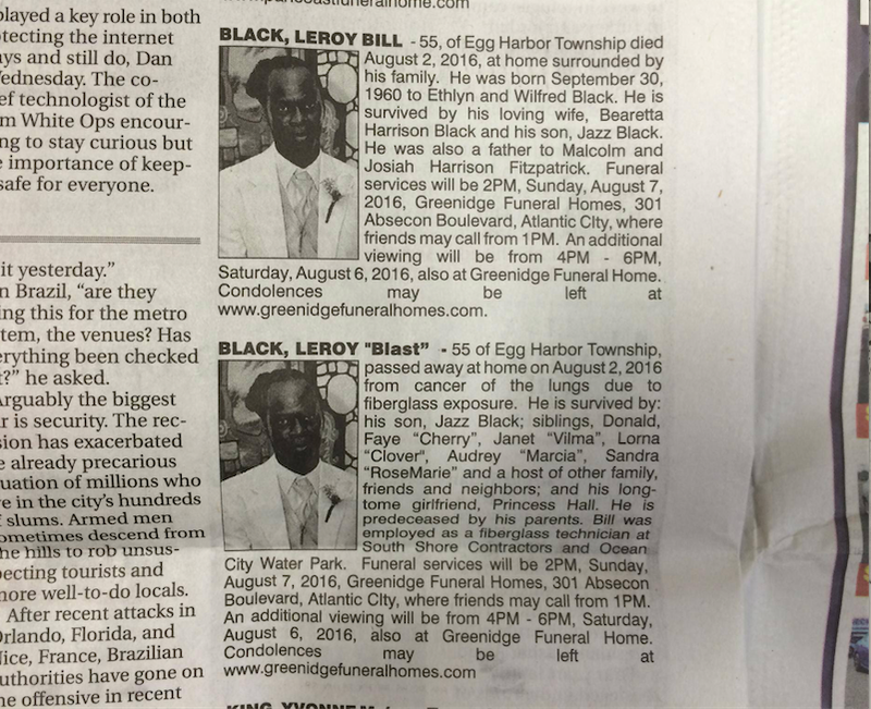 The Press of Atlantic City in New Jersey ran two death notices for Leroy “Blast” Bill Black." (Credit: Philly Voice)